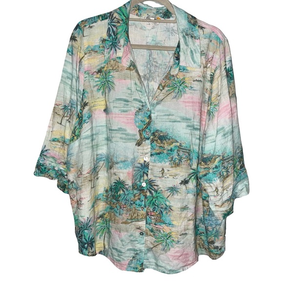 New C&C California Linen Button Shirt 2X Multi Tropical Scene Vacay Plus Size - Picture 1 of 7